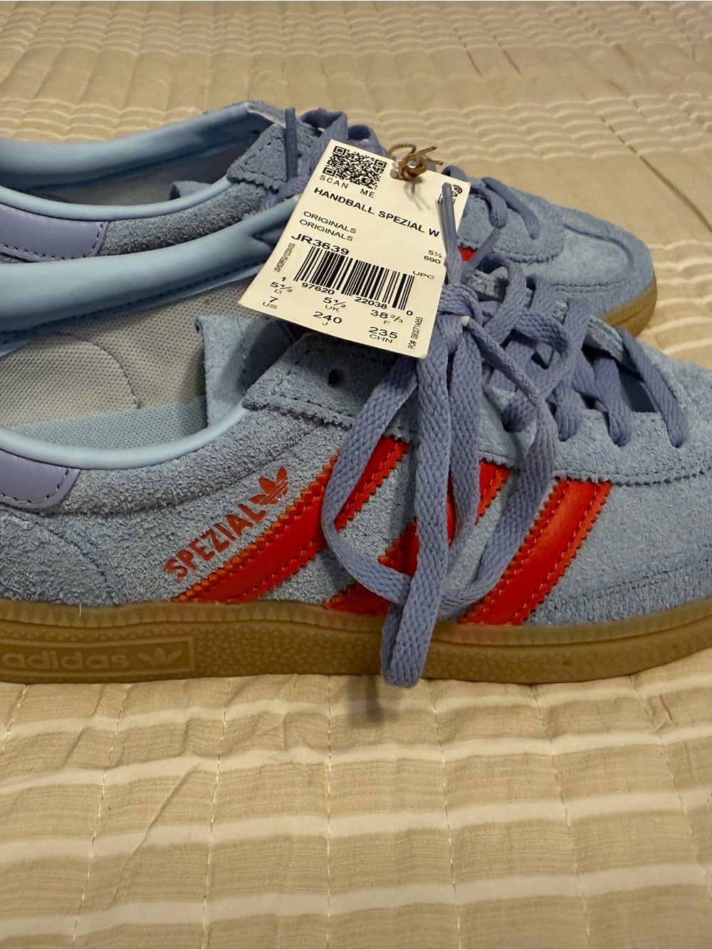 Adidas Handball Spezial Light Blue Suede/Lilac Sneakers with Red Stripes